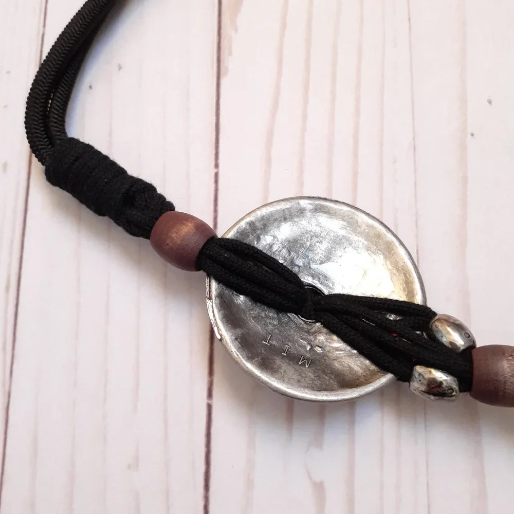 Vintage 80s Medallion & Bead Elastic Cord Belt Black Silvertone